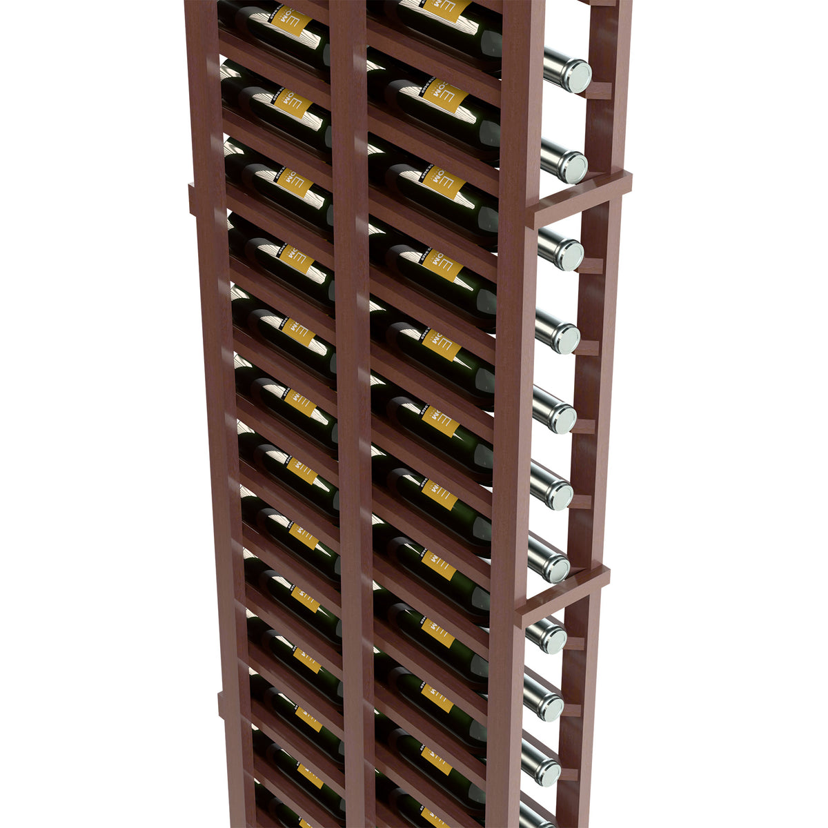 Close view of dark wood wine rack showing bottle slots and round metal divider posts