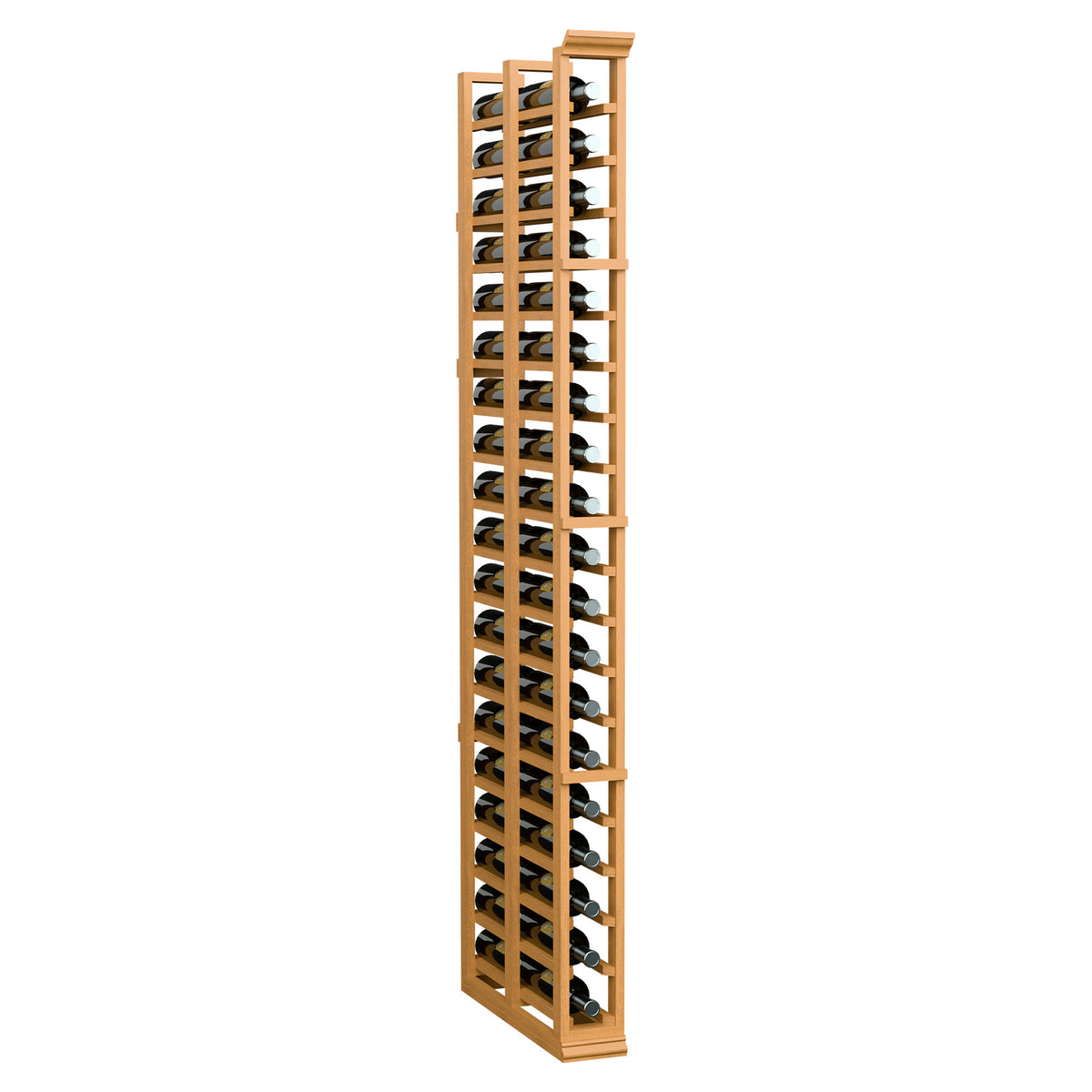 Tall light wood wine bottle rack with two columns and bottle holders, bottles inserted