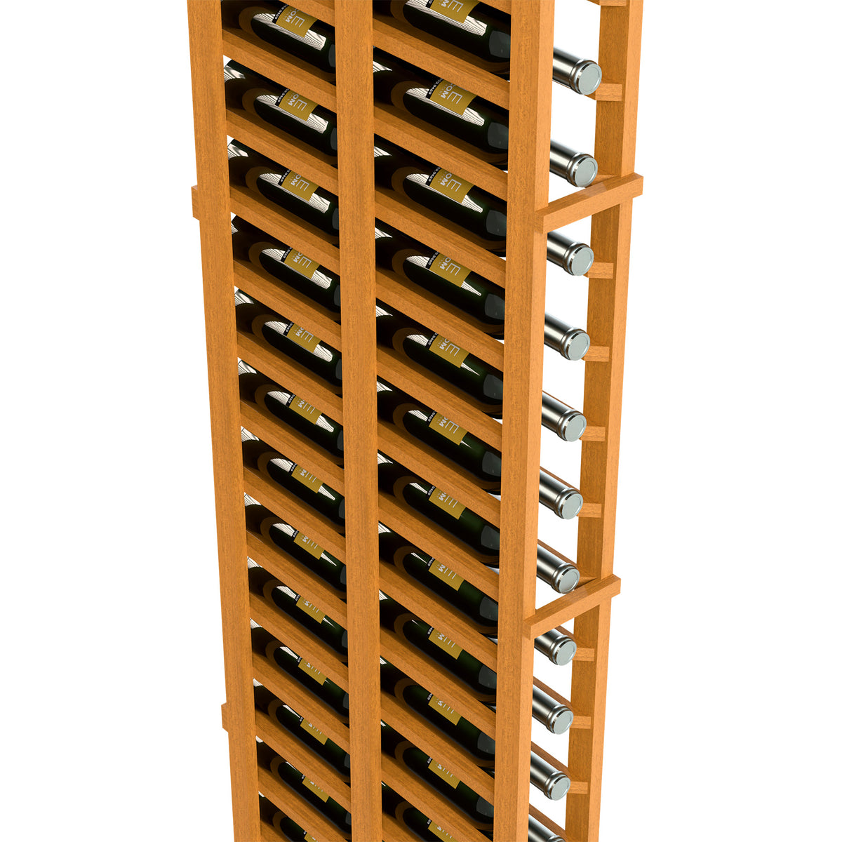 Close view of light wood wine rack with bottle slots and round metal divider posts