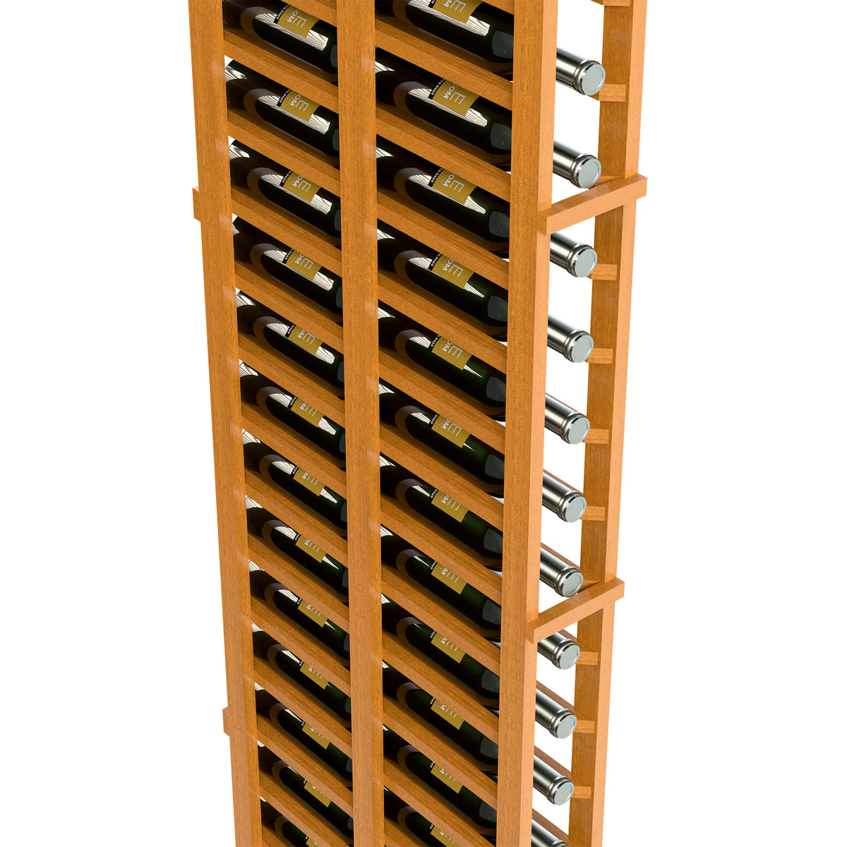 Close view of natural wood wine rack showing bottle slots and round metal divider posts
