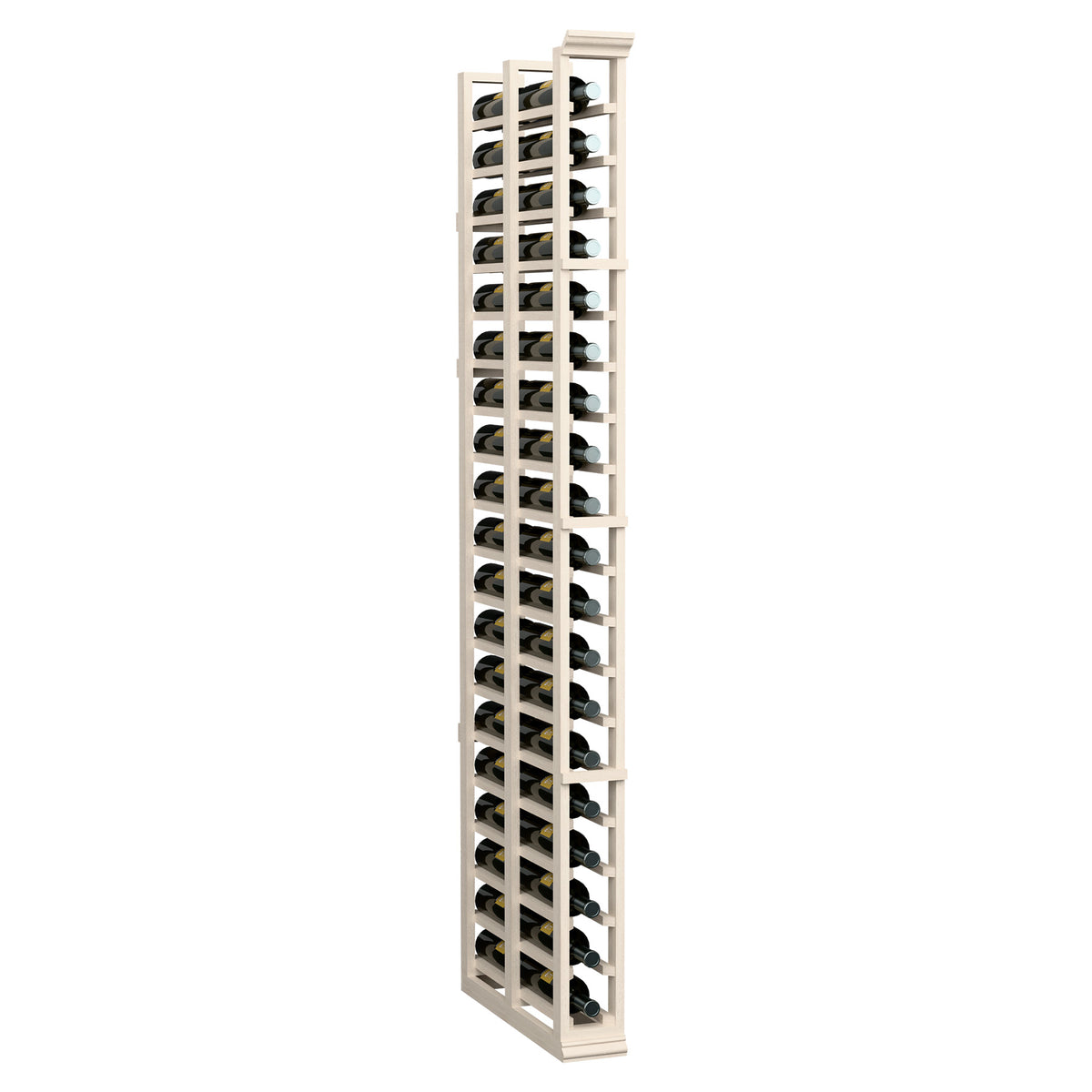 Tall white wood wine bottle rack with two columns and bottle holders, bottles inserted