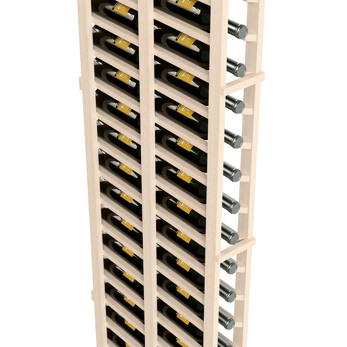 Close view of white wood wine rack with bottle slots and round metal divider posts