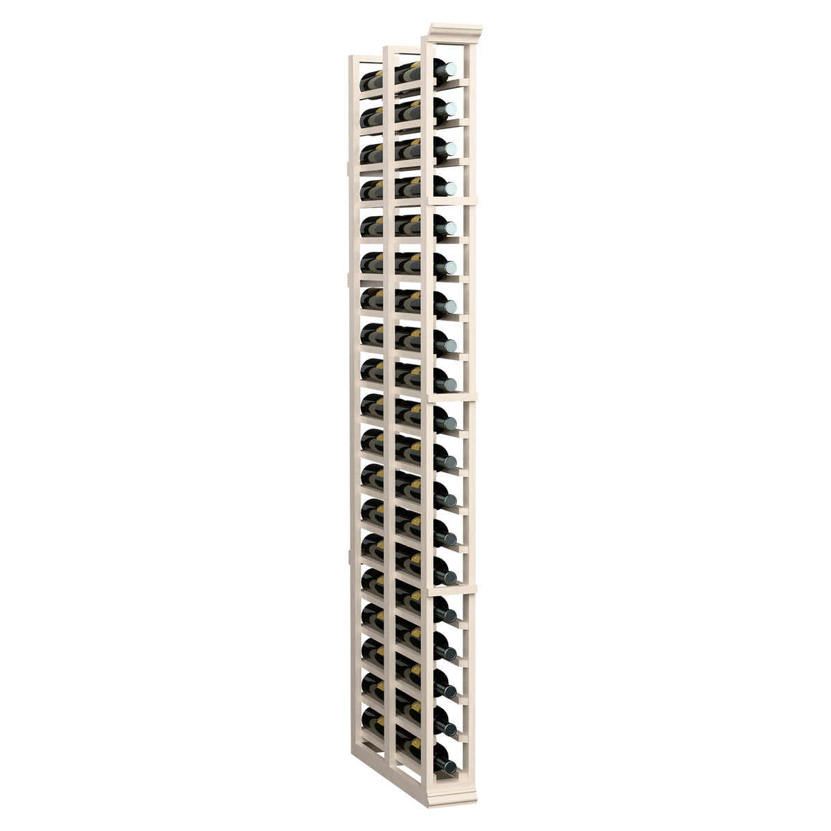 Tall white wine bottle rack with two columns and bottle holders, bottles visible