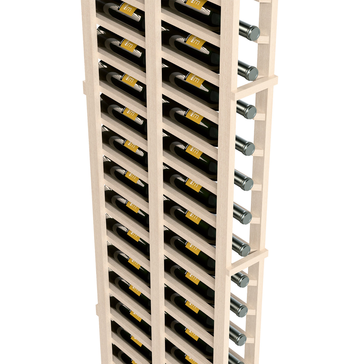 Close view of white wine rack showing bottle slots and round metal divider posts