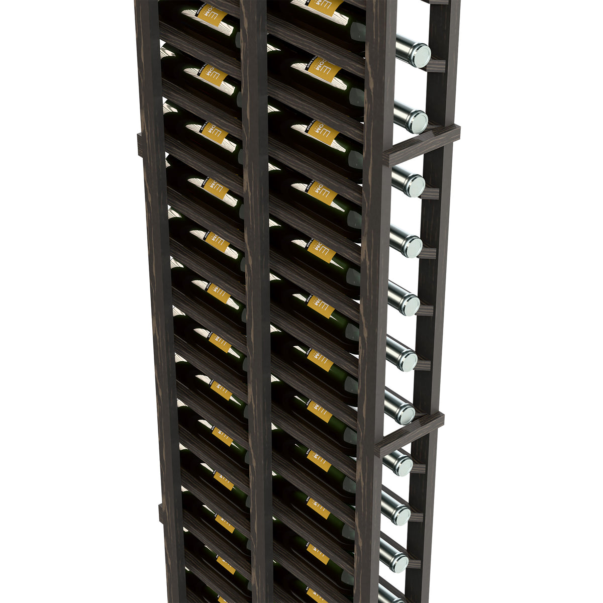 Single-column wine rack close-up, dark shelves with bottle support pegs