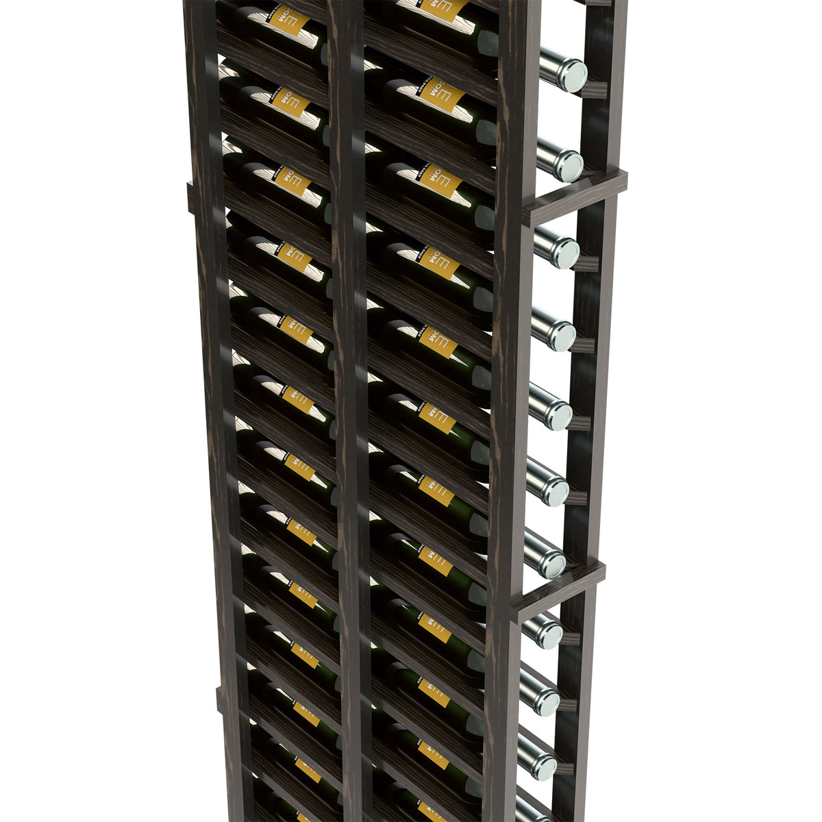 Single-column wine rack close-up, dark finish with bottle slots and metal pegs