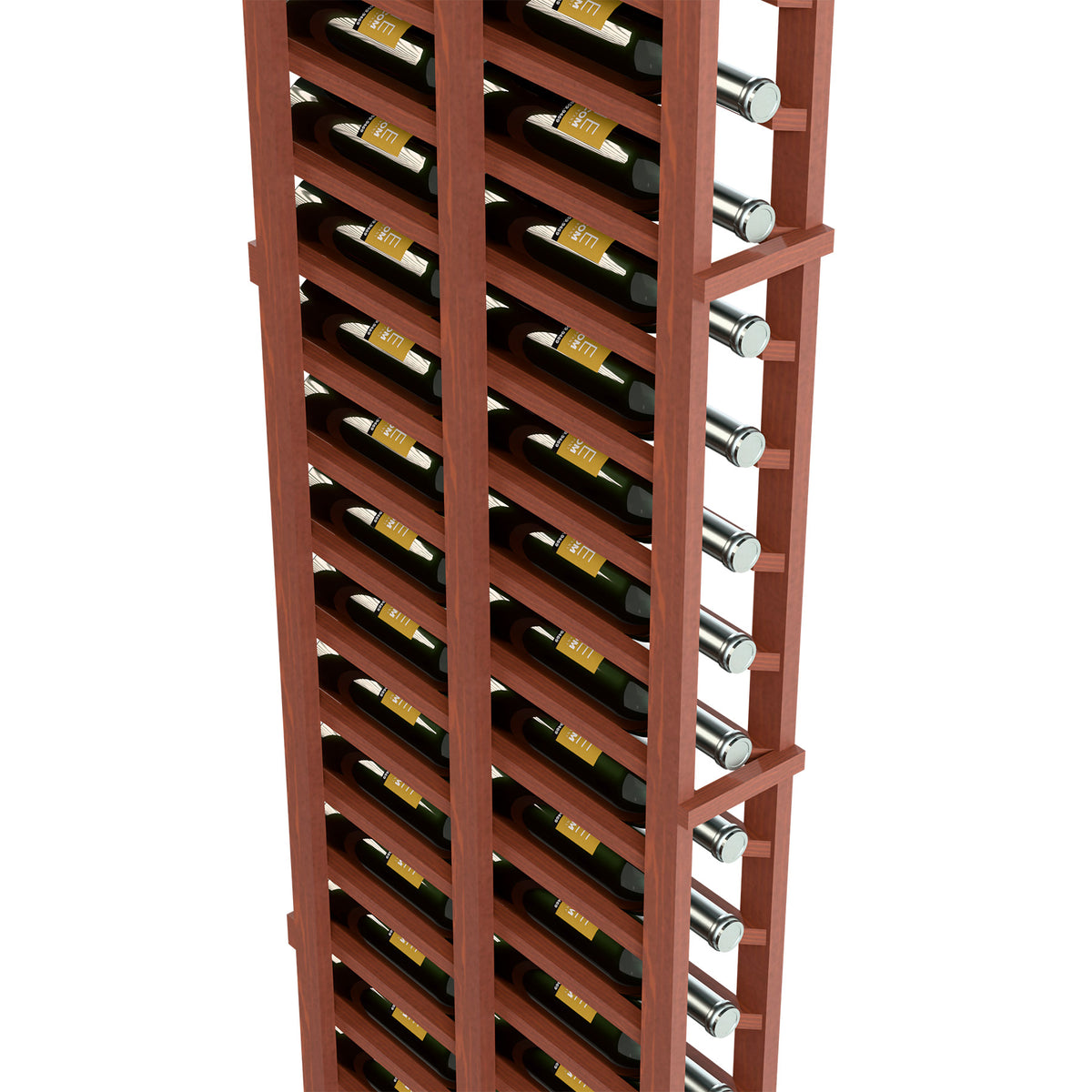 Single-column wine rack close-up, reddish wood shelves with bottle support pegs