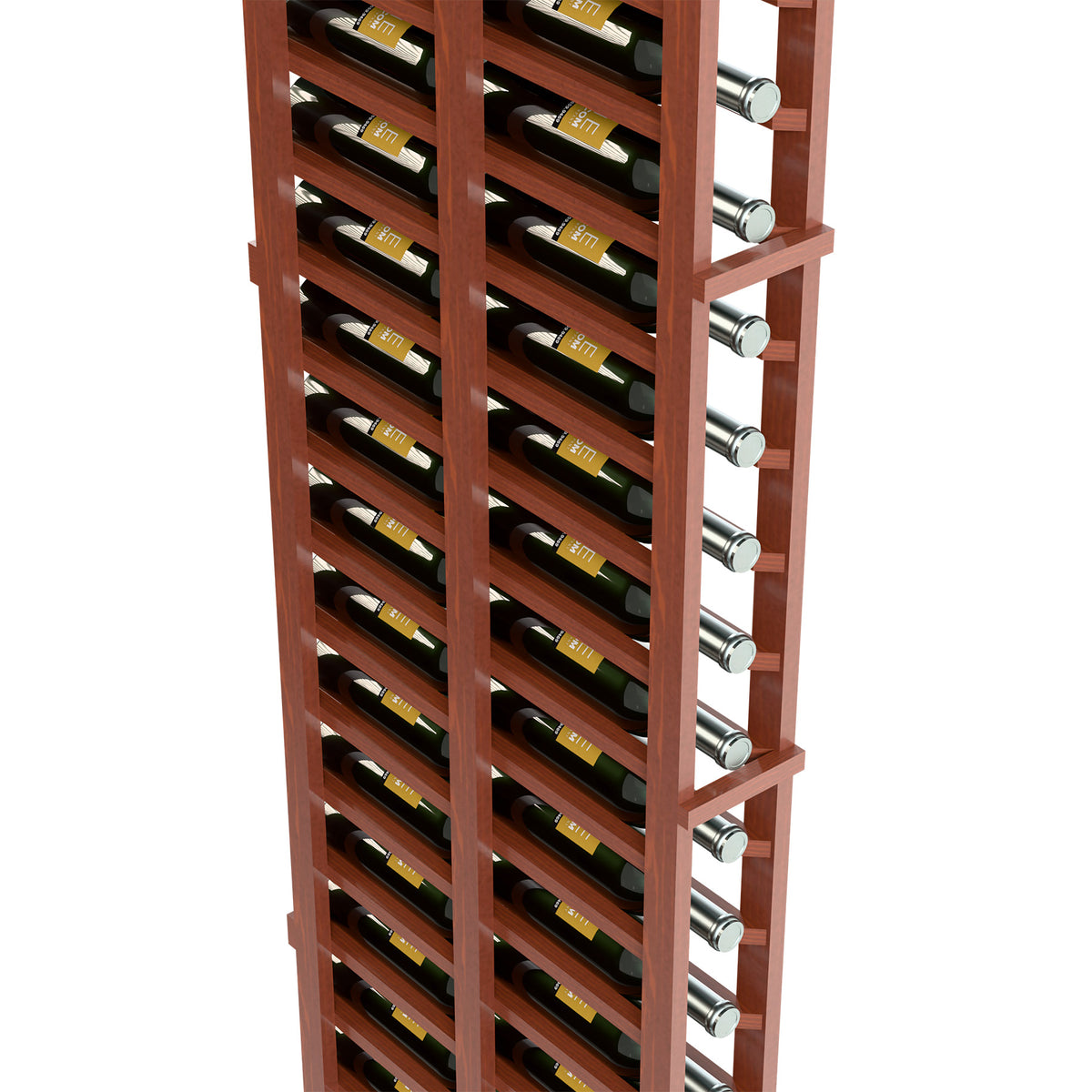 Single-column wine rack close-up, light reddish wood shelves with metal bottle pegs