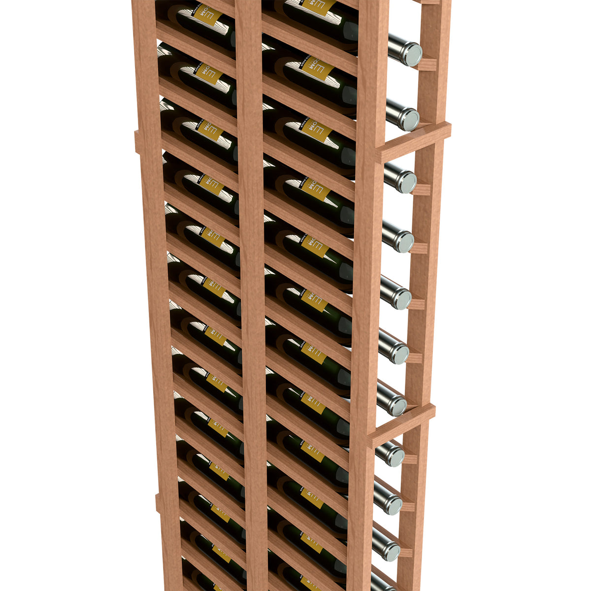 Single-column wine rack close-up, warm wood shelves with bottle support pegs