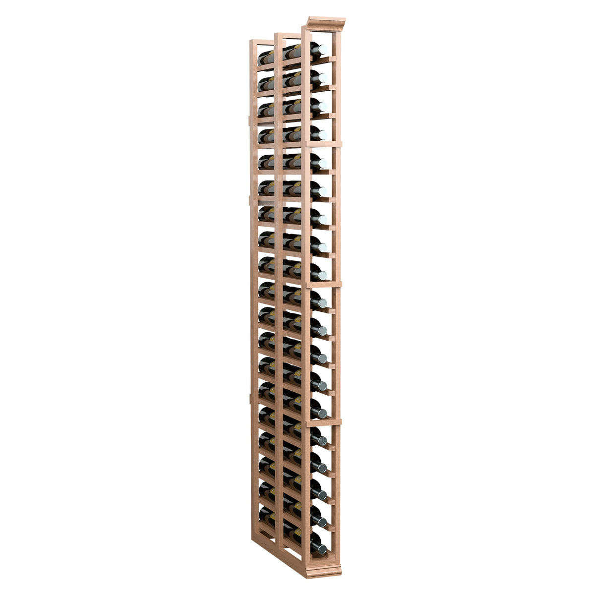 Natural wood wine bottle rack, double-deep with vertical divider slots and open bays.