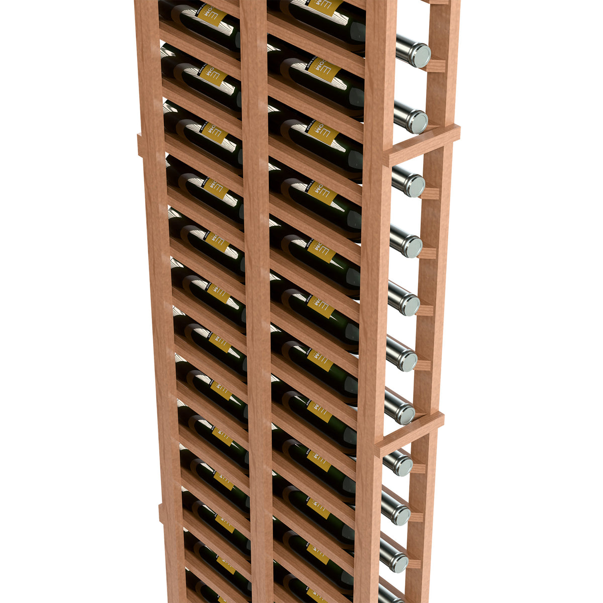 Close-up of natural wood wine rack showing bottle cradles and round metal side pins.