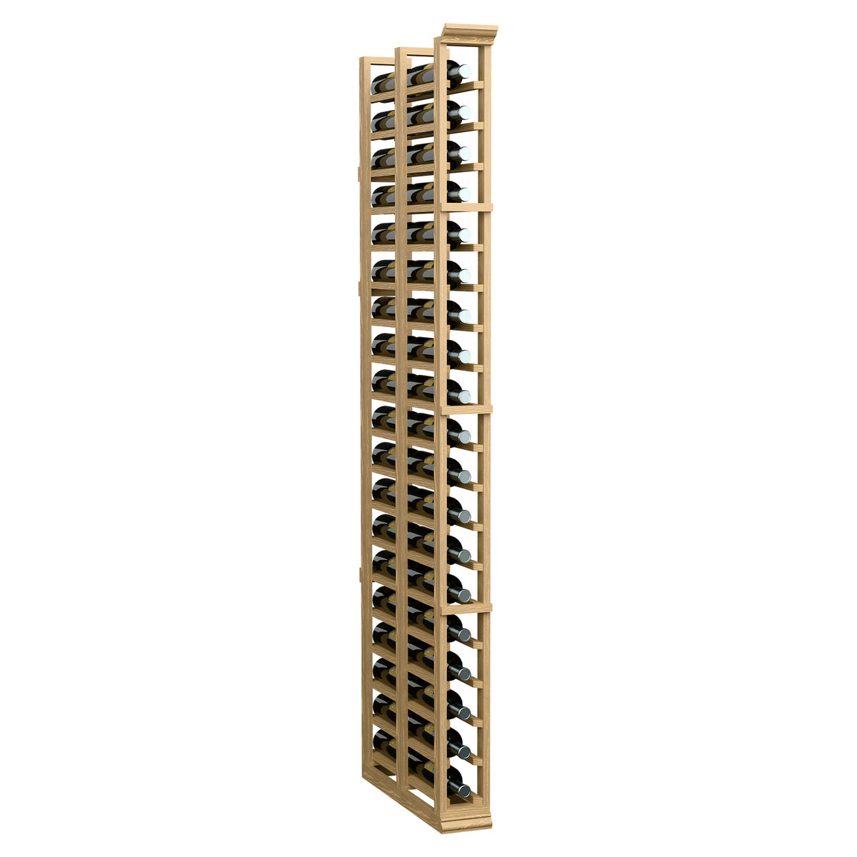 Natural wood double-deep wine bottle rack standing upright with evenly spaced slots.