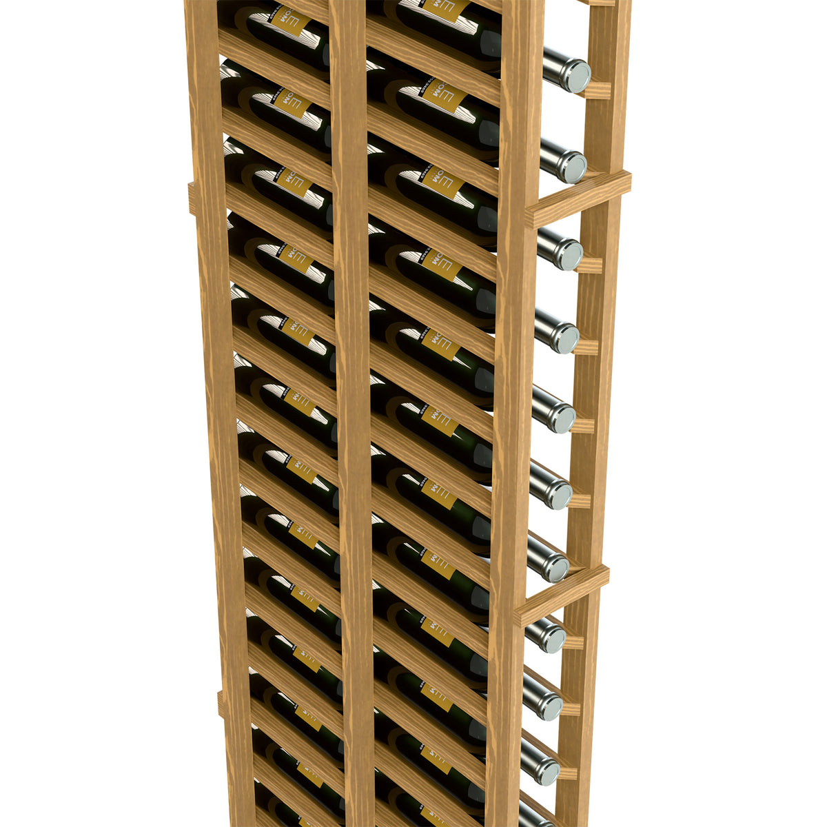 Angle view of natural wood wine rack with bottle storage rows and shiny metal pins.