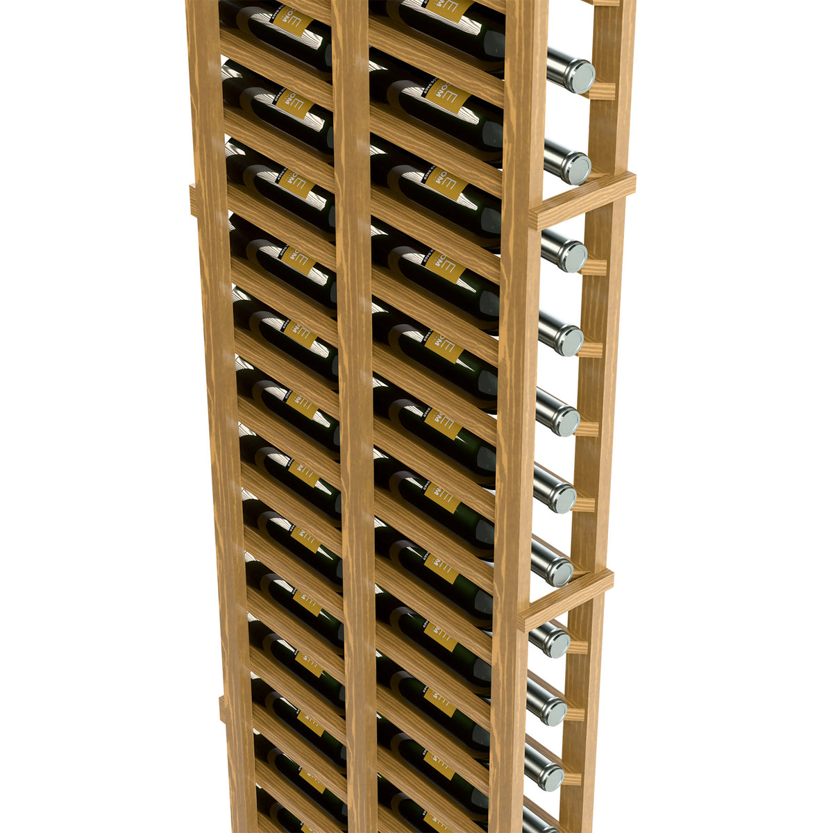 Close view of natural wood double-deep wine rack with bottle cradles and metal pin accents.