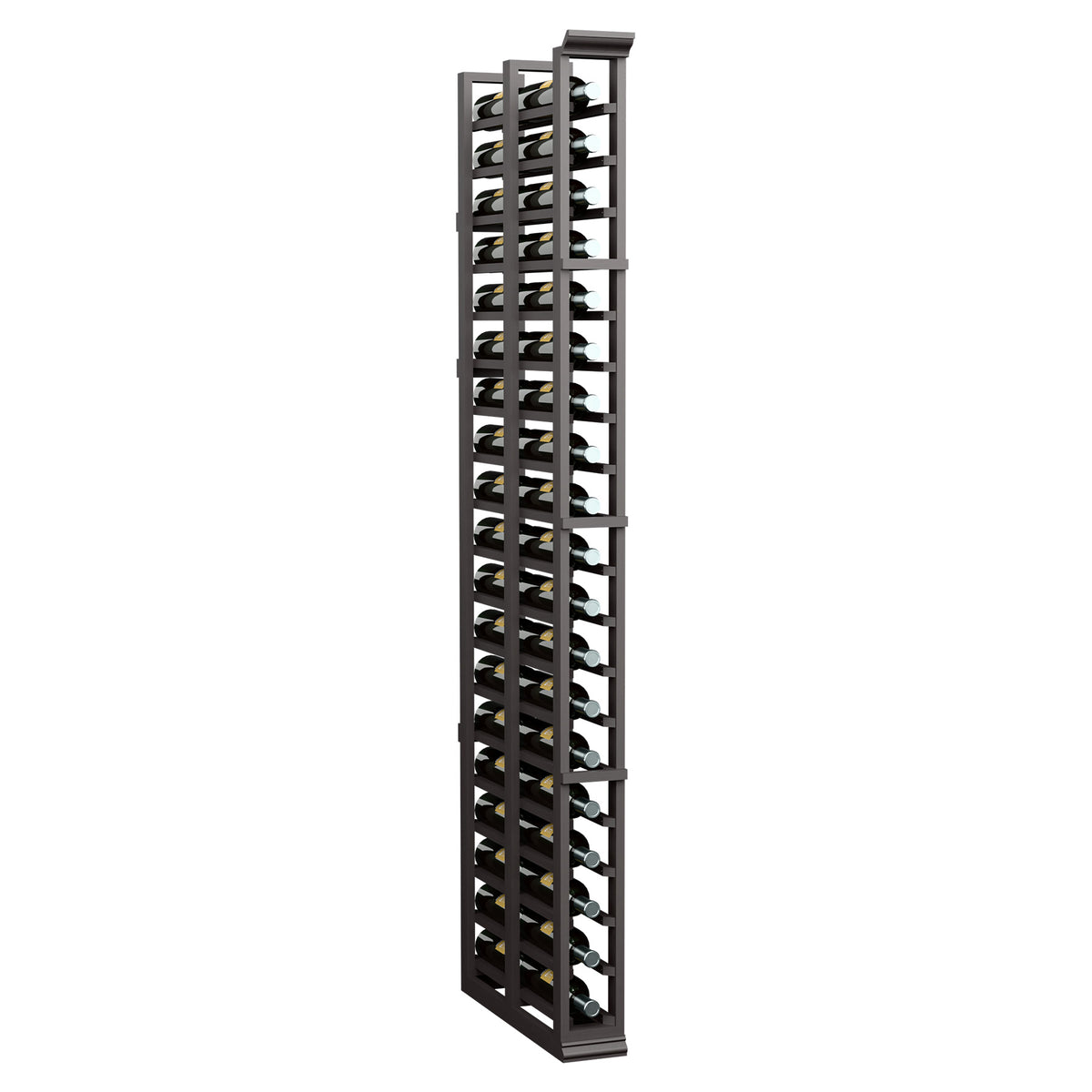 Dark stained wine bottle rack, double-deep with vertical slots and metal pin side hardware.