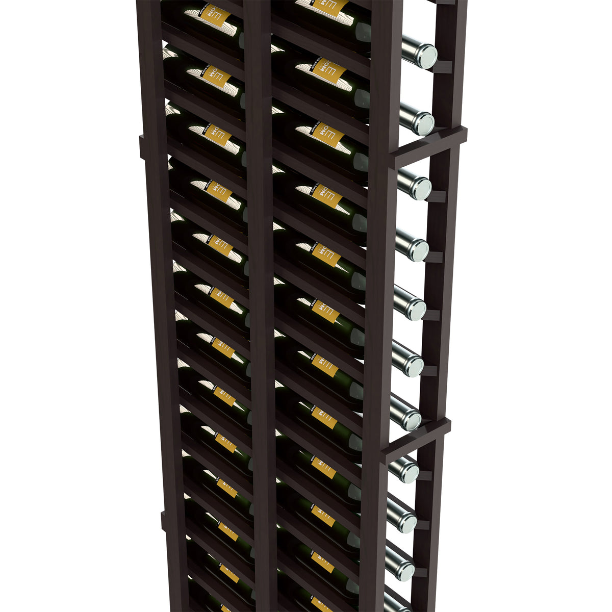 Close-up of dark wine rack showing bottle bays and round silver metal pins on side.