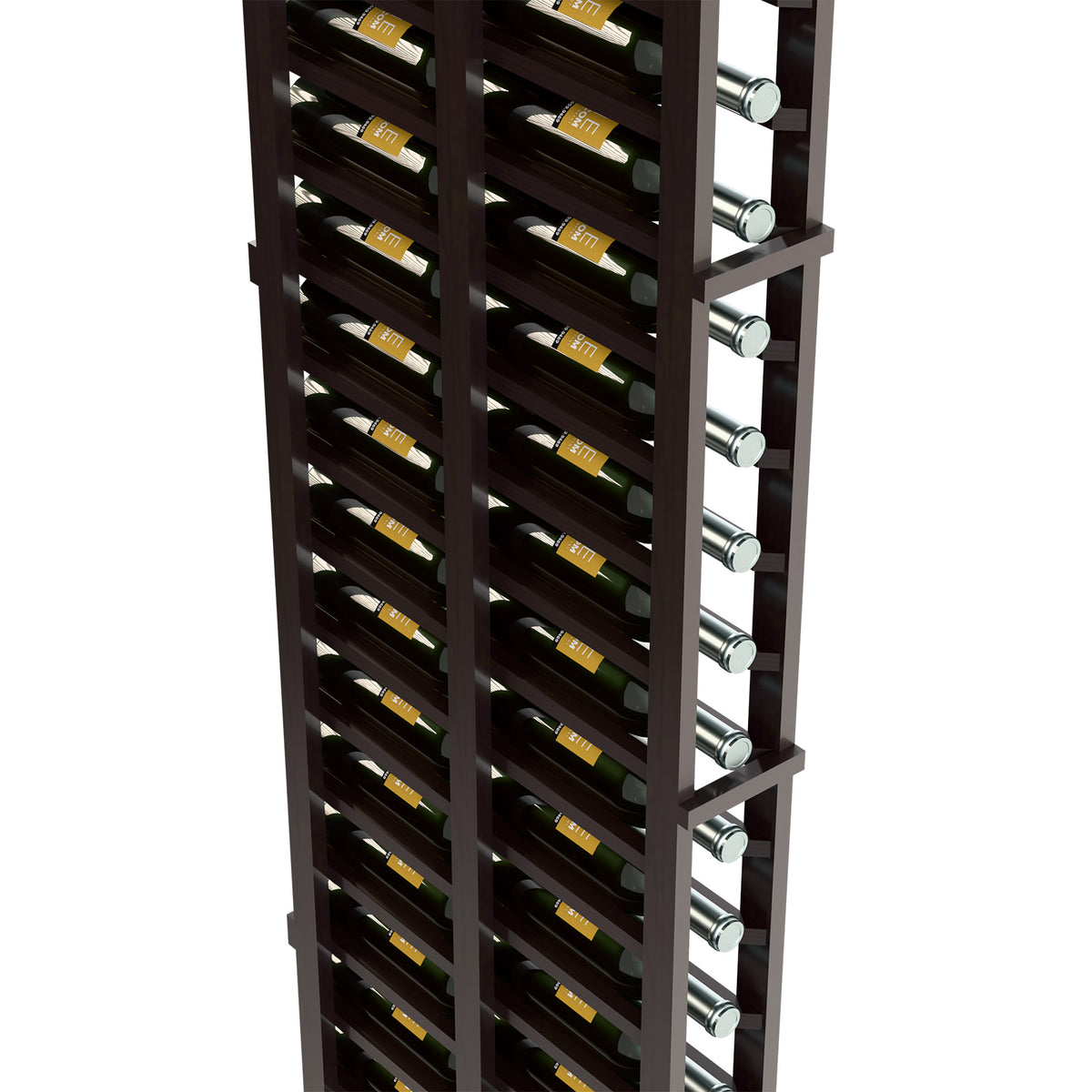 Close-up of dark wood double-deep wine rack with bottle cradles and round metal pins.