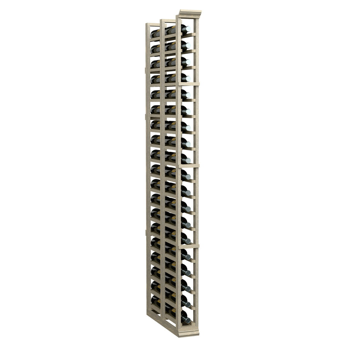 Double-deep wine bottle rack, light wood frame with bottle slots and wire rests