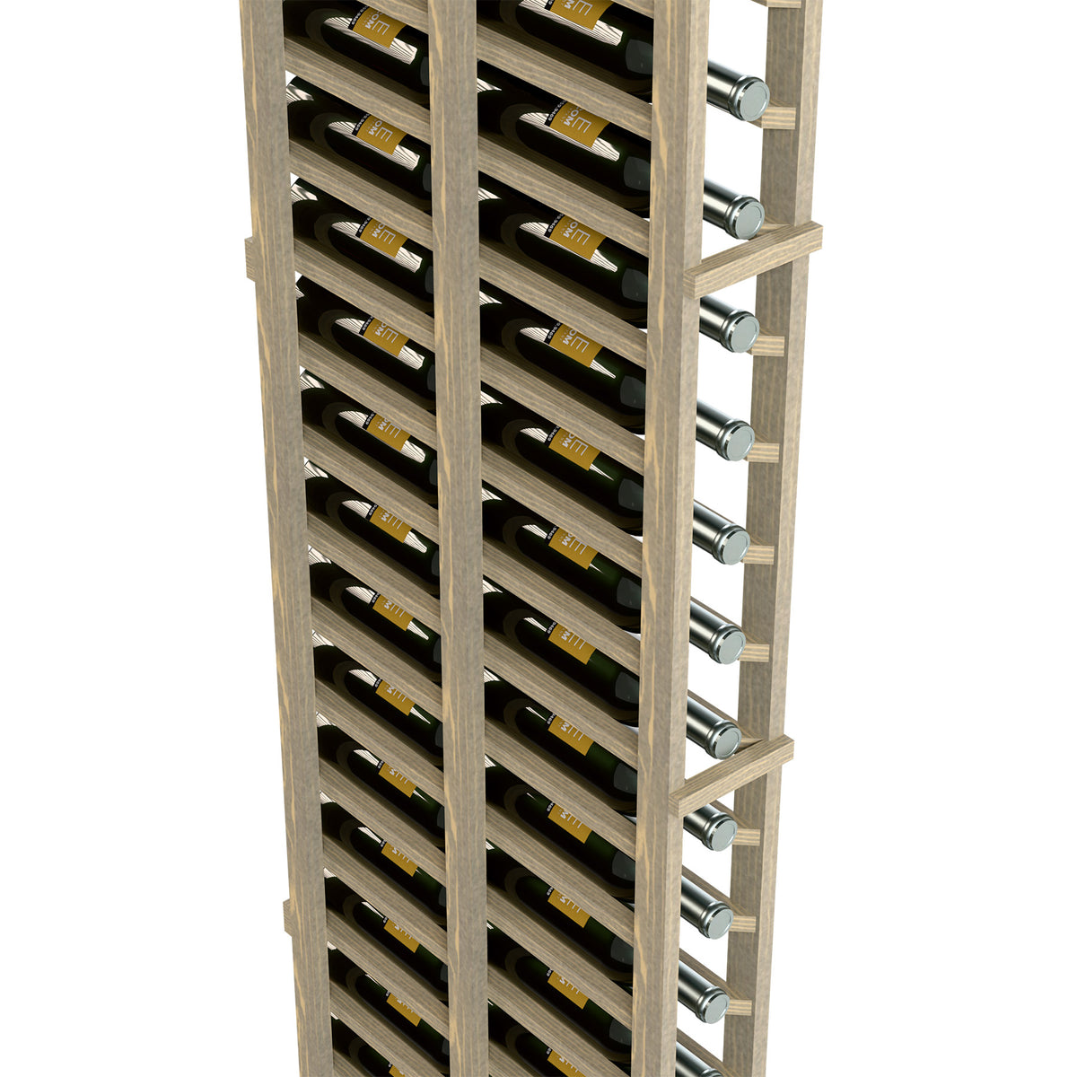 Double-deep wine bottle rack, angled view with light wood slats and metal peg rail