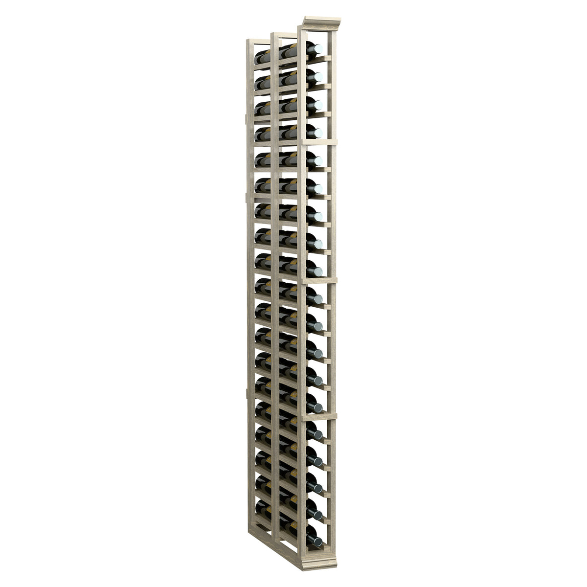 Double-deep wine bottle rack, light wood frame with two rows of bottle openings