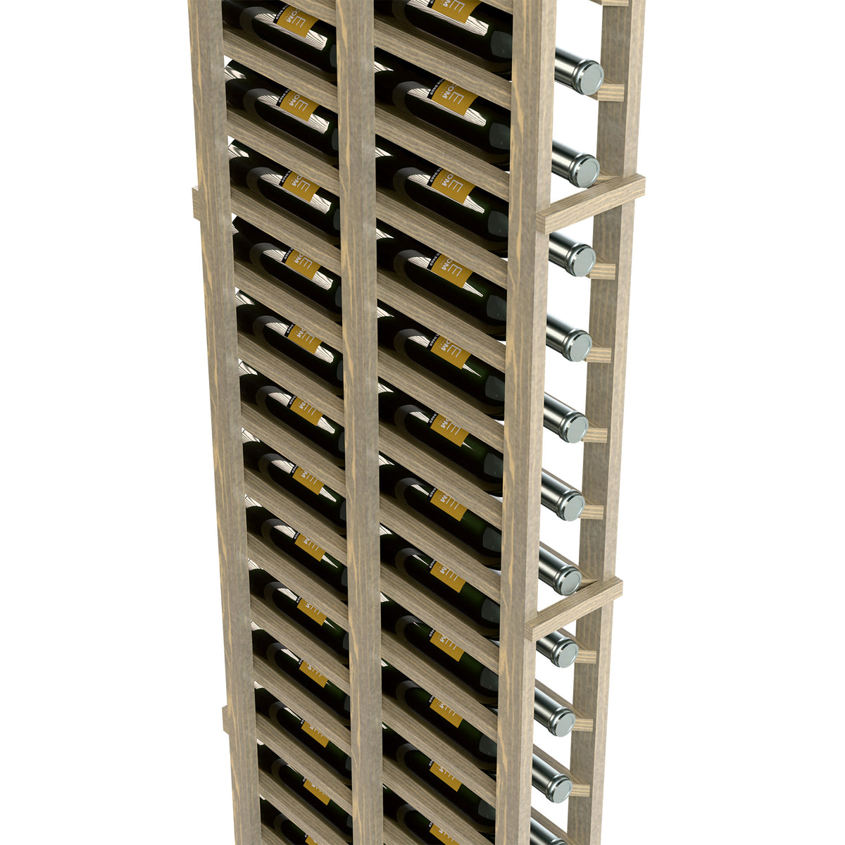 Double-deep wine bottle rack with metal pegs on right, light wood slat frame