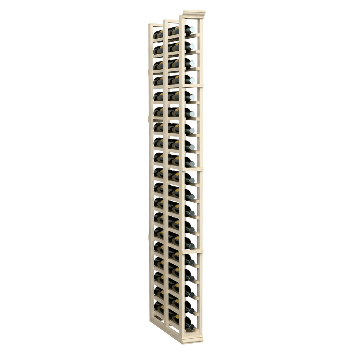 Double-deep wine bottle rack, tall light wood frame holding bottles in cradles