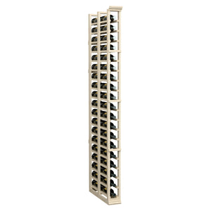 Double-deep wine bottle rack, tall light wood frame holding bottles in cradles