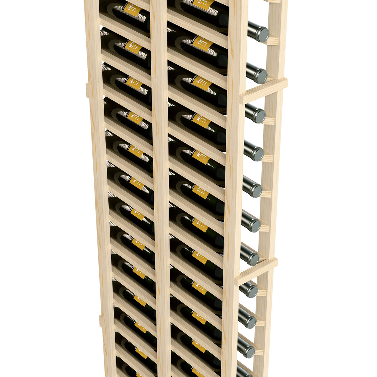 Double-deep wine bottle rack, pale wood frame and right-side metal peg holders