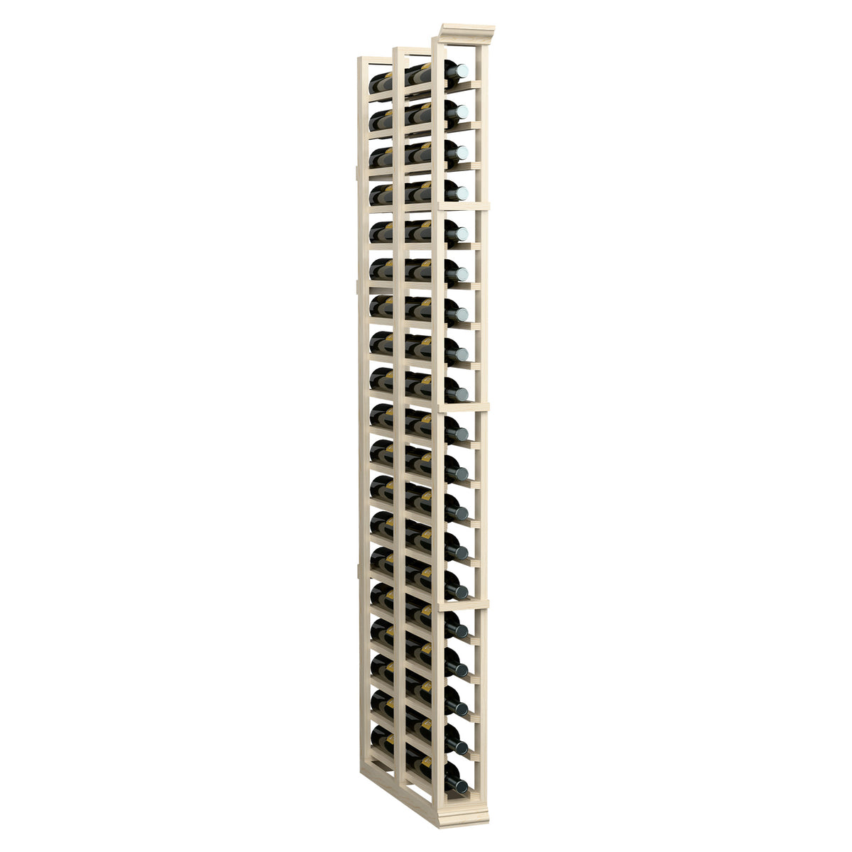 Double-deep wine bottle rack, pale wood frame with bottle cradles on both rows