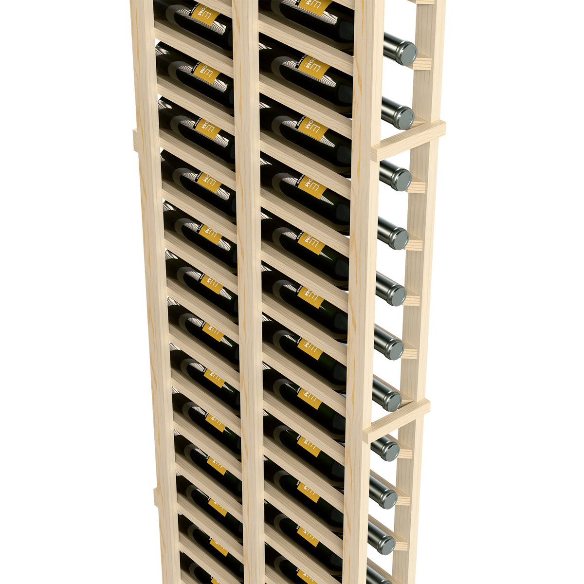 Double-deep wine bottle rack, close side view with pale wood frame and metal pegs