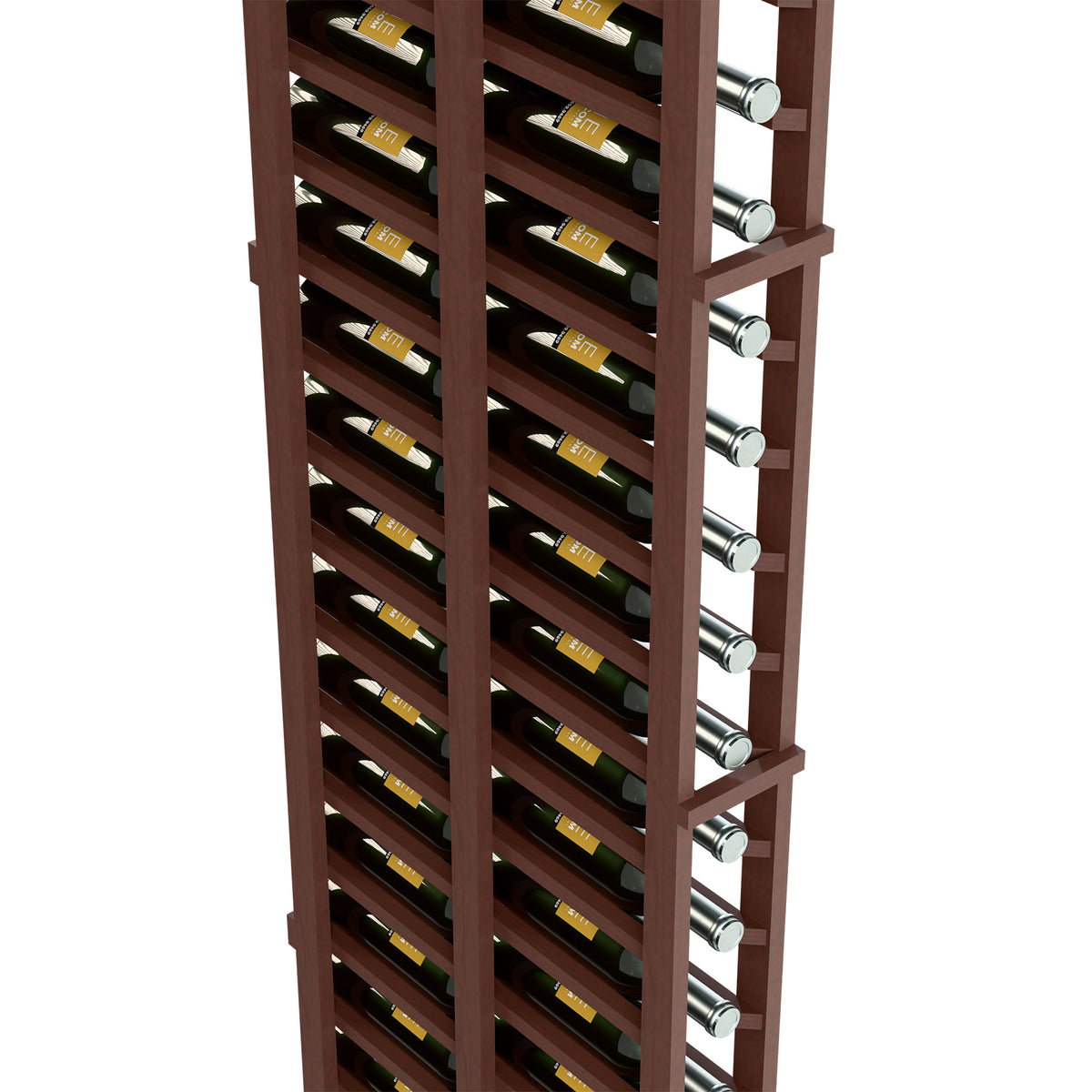Double-deep wine bottle rack, dark brown frame with metal peg rail and bottle cradles