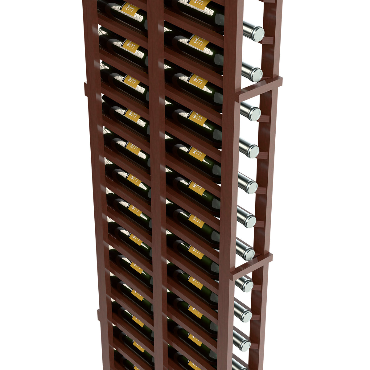 Dark stained 1-column double-deep wine rack, bottle holders and metal pegs, close-up