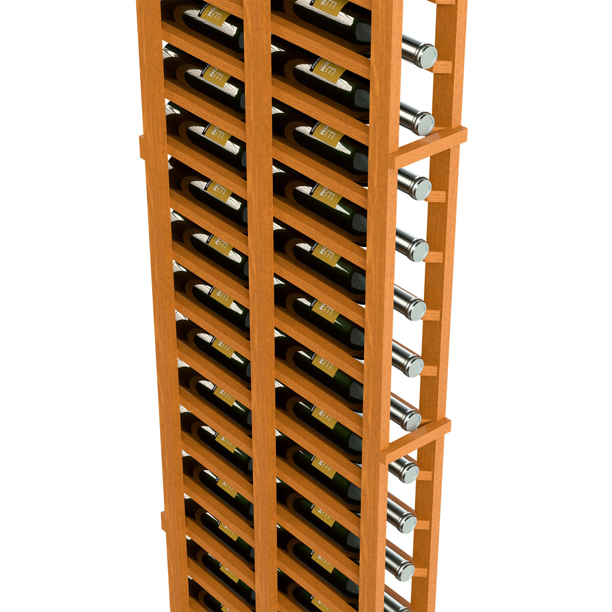 Light wood 1-column double-deep wine rack, bottle slots with curved holders, metal pegs