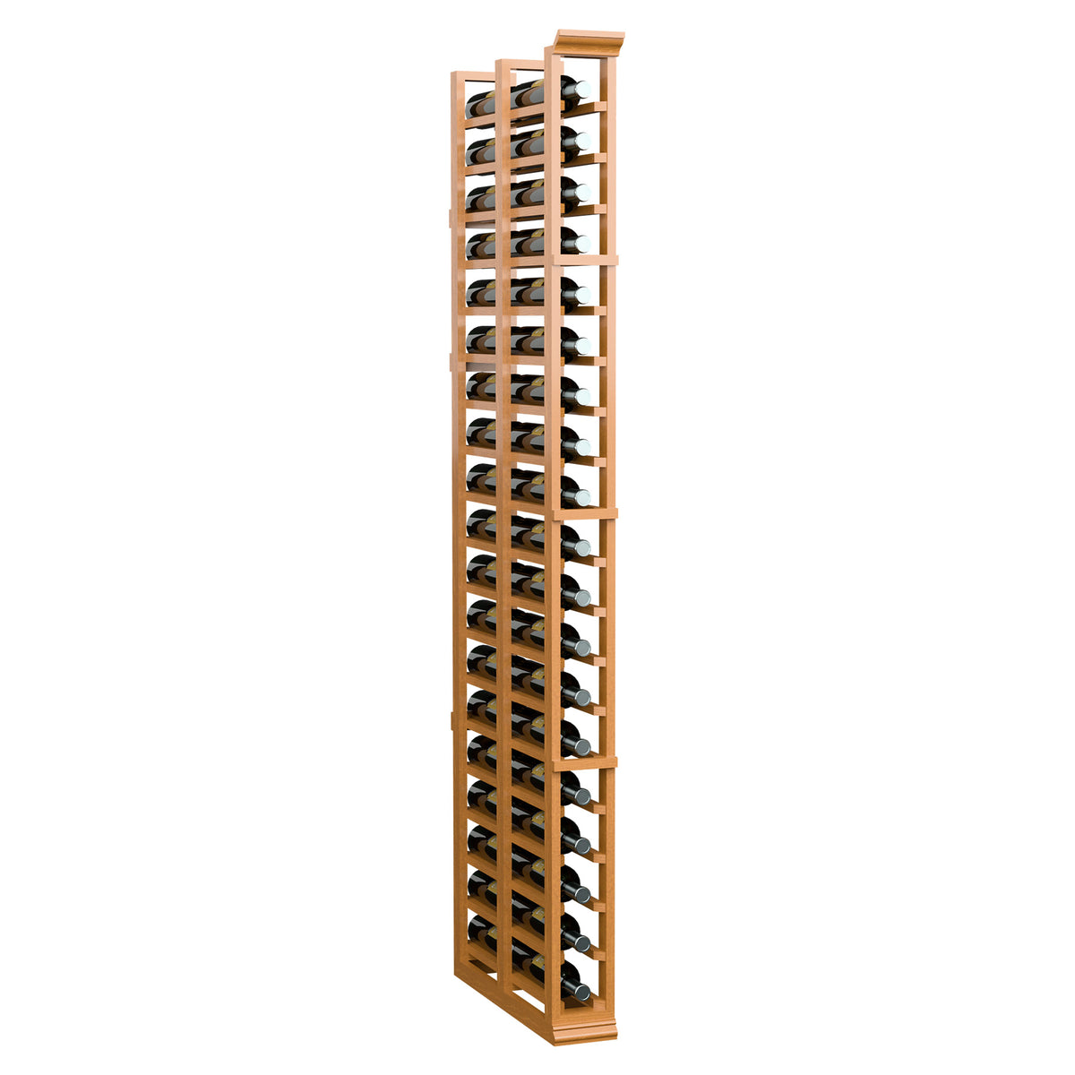 Light wood 1-column double-deep wine bottle rack with curved holders and top row of slots
