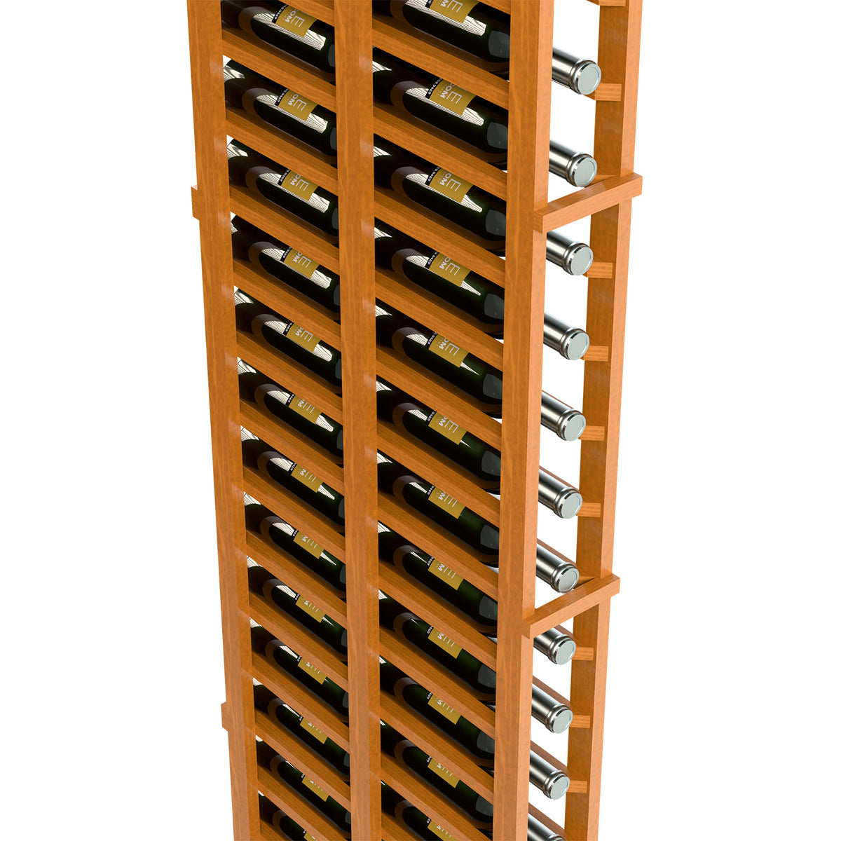 Light wood 1-column double-deep wine rack, close-up of bottle slots and round metal pegs
