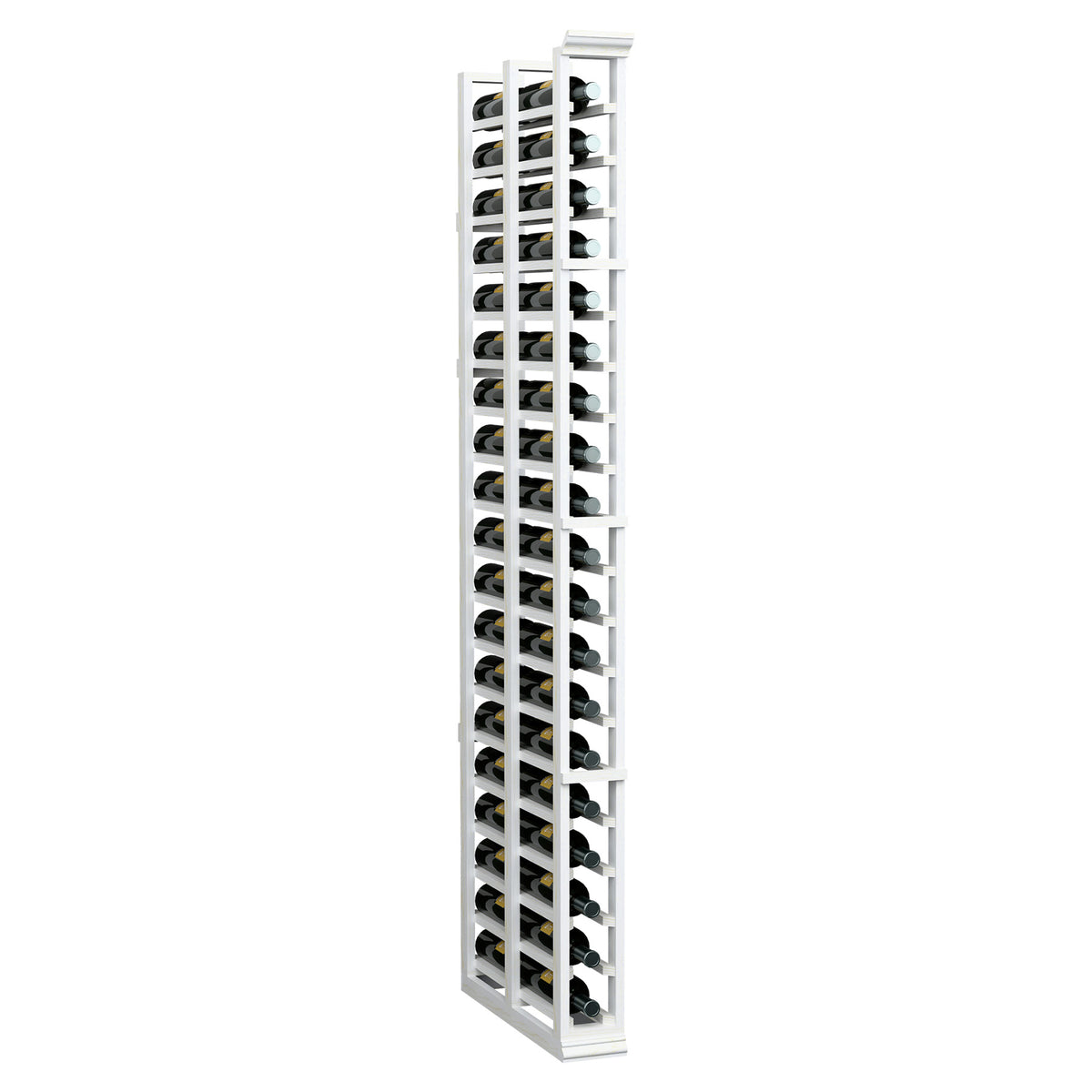 White 1-column double-deep wood wine bottle rack with curved bottle holders and metal pegs