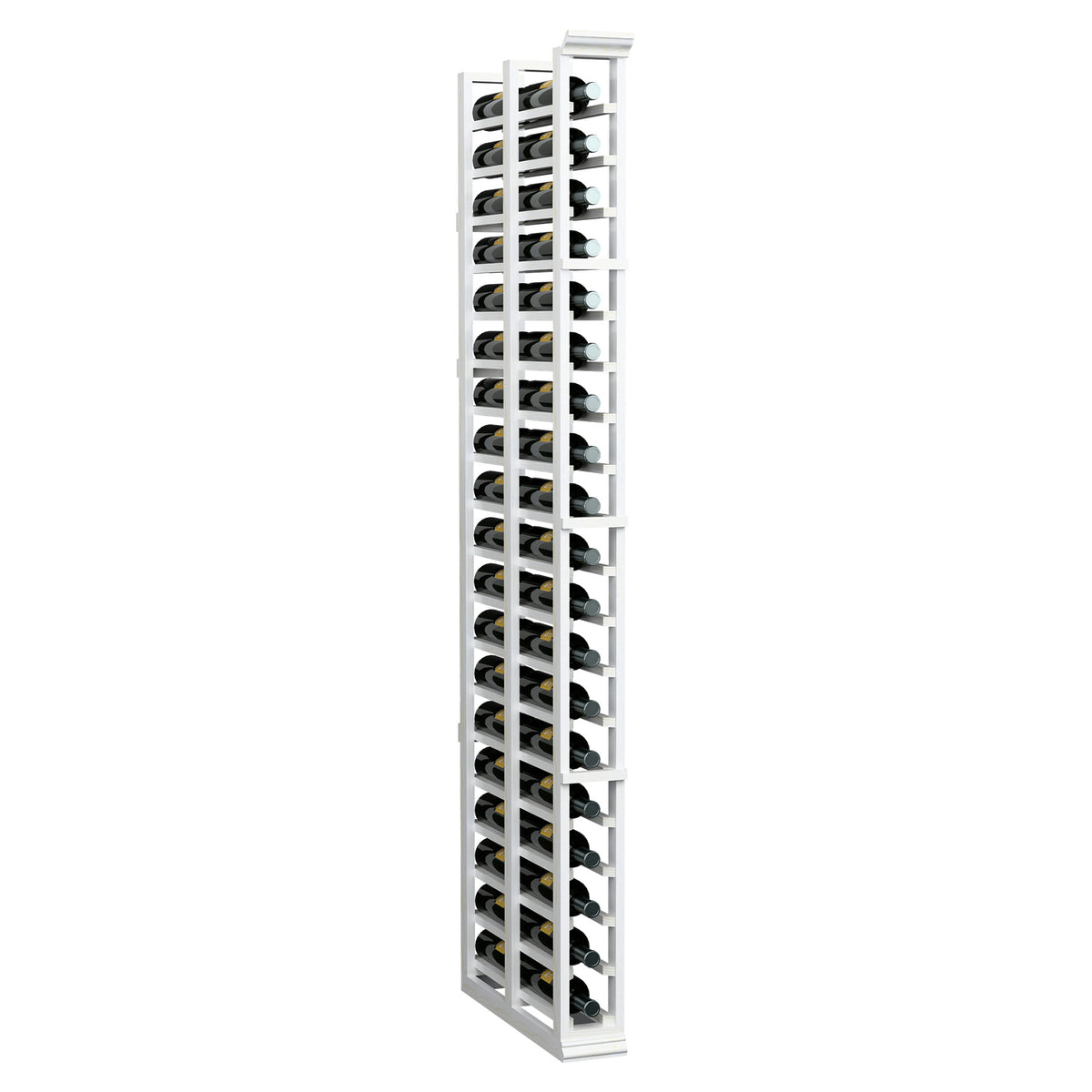 White 1-column double-deep wine bottle rack, front view with curved holders and tall frame