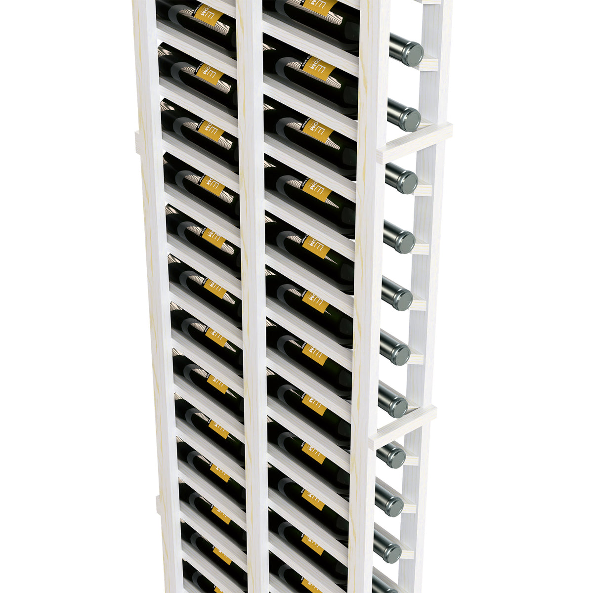 White 1-column double-deep wine rack close-up, bottle slots with curved holders and metal pegs