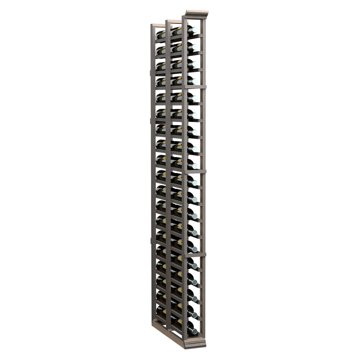 Dark wood 1-column double-deep wine rack with stacked bottles and metal pegs