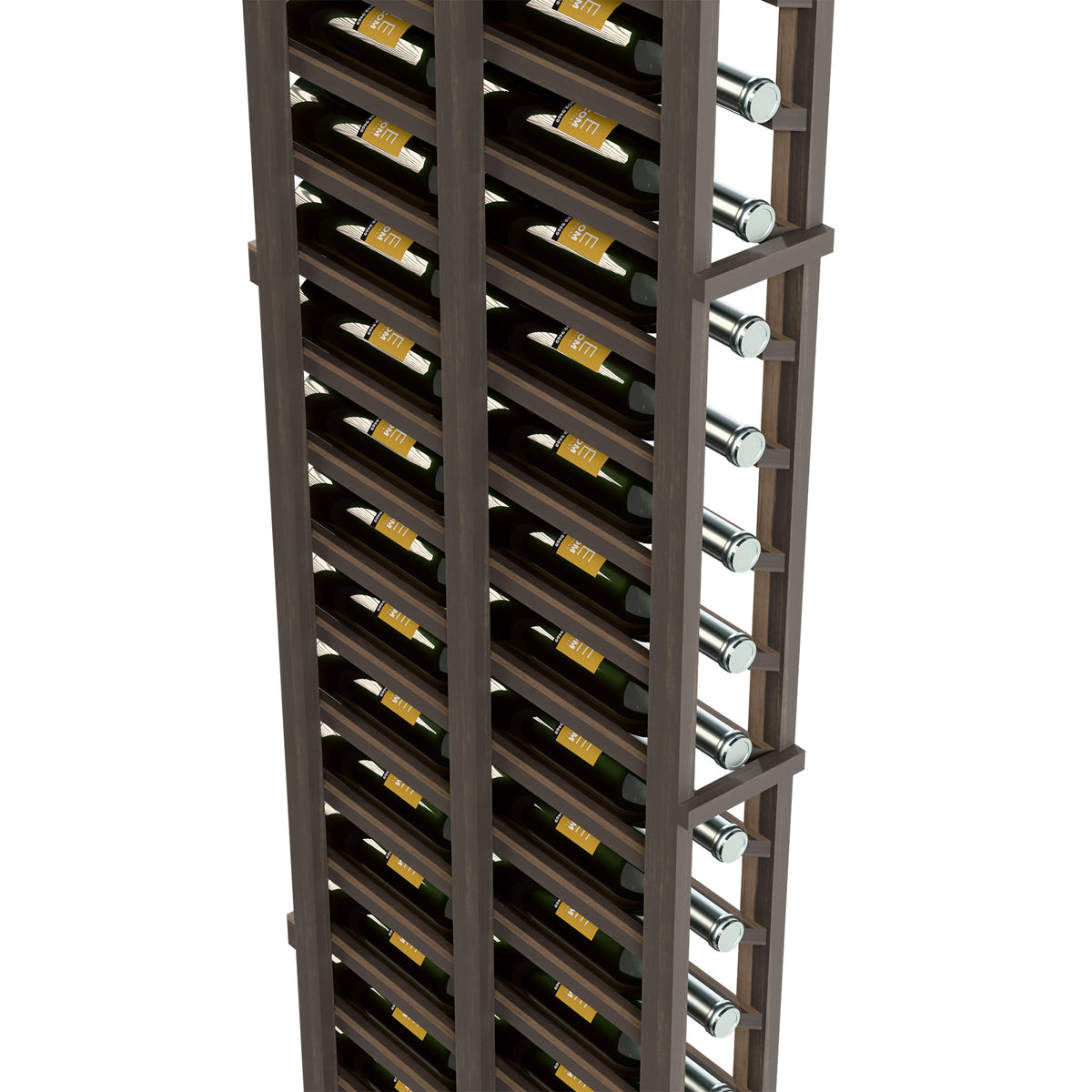 Close view of dark wood wine rack with bottle rows and round metal bottle holders