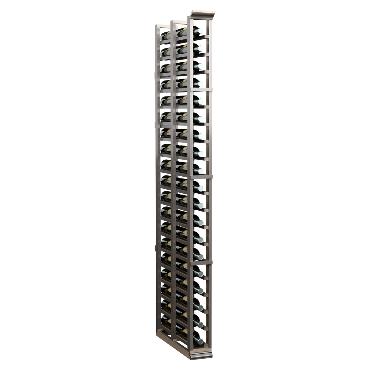 Full view of dark wood 1-column double-deep wine rack with bottle slots
