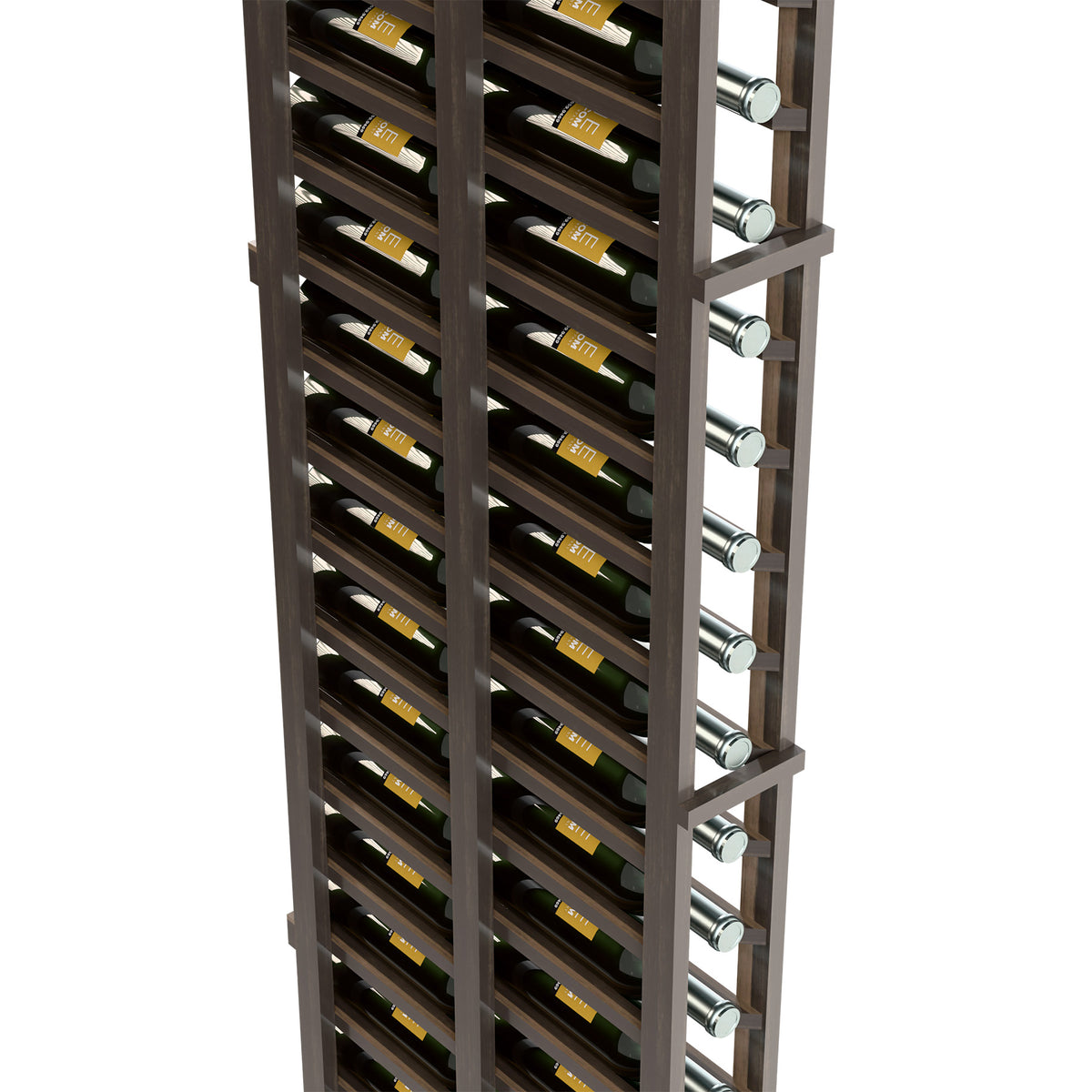 Close view of dark wood 1-column double-deep wine rack with bottle rows
