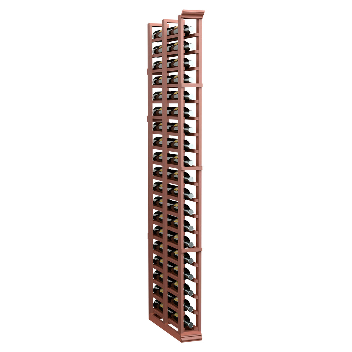 Redwood-toned 1-column double-deep wine rack with stacked bottles and metal pegs