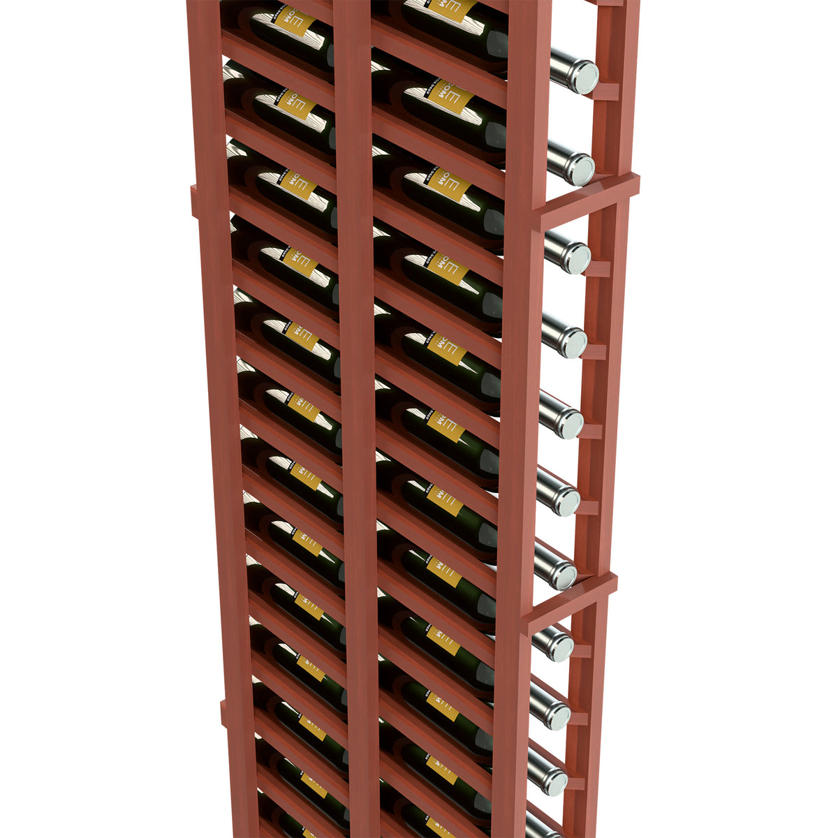 Close view of redwood-toned wine rack with bottle rows and round metal holders