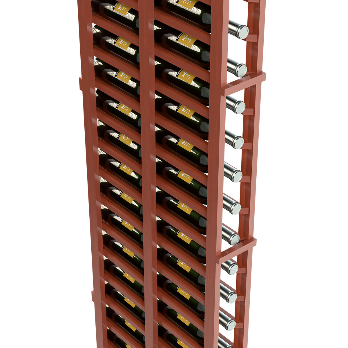 Close view of redwood-toned 1-column double-deep wine rack with bottle rows