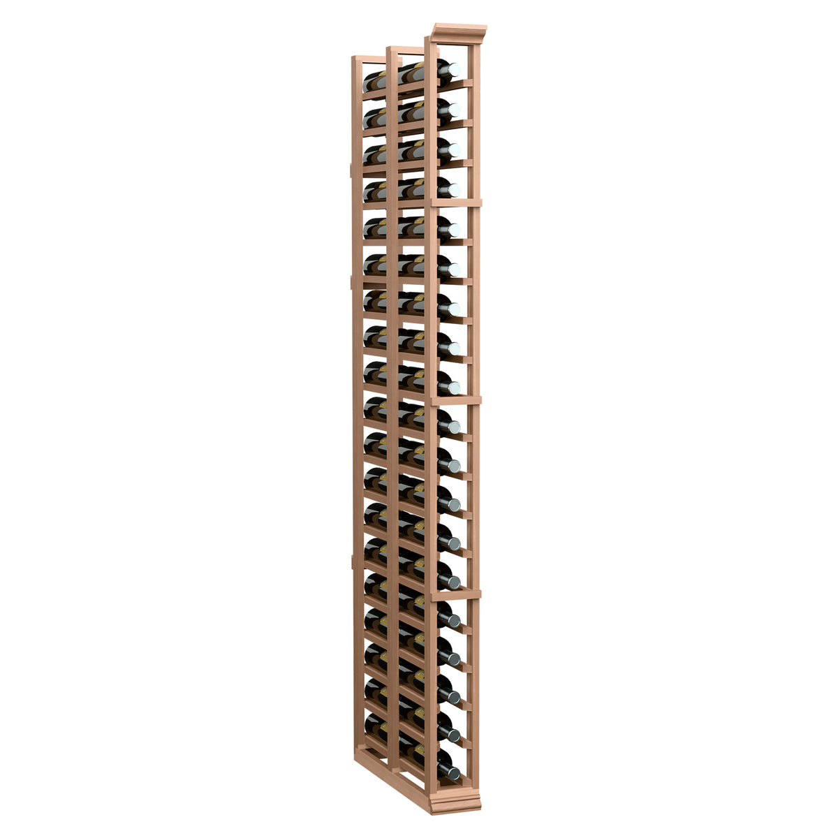 Natural-toned 1-column double-deep wine rack with stacked bottles and metal pegs