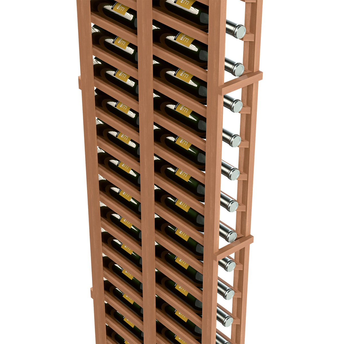 Close view of natural-toned wine rack with bottle rows and round metal bottle holders