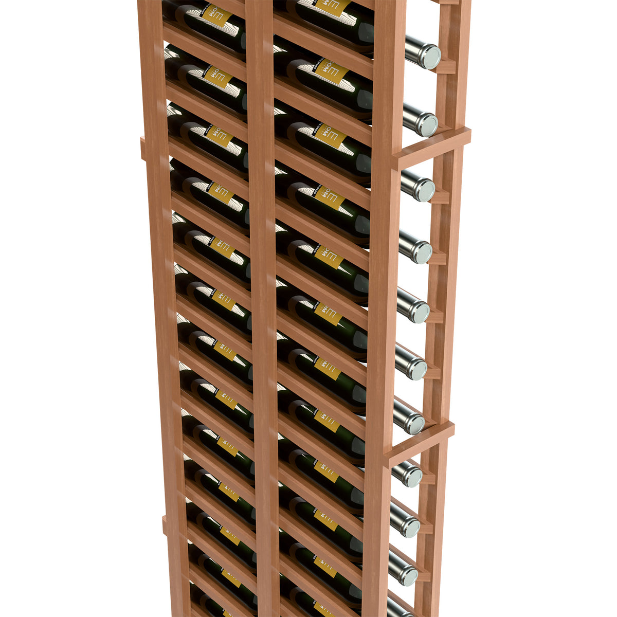 Wine bottle rack with double rows of slots and silver metal holders, wood frame