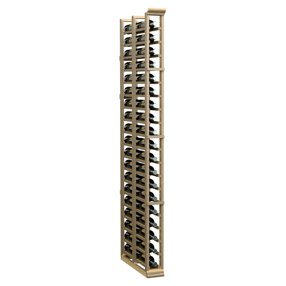 6 ft double-deep wine rack with bottle cradles in light wood frame