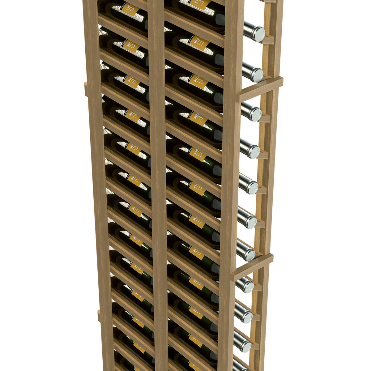 Wood double-deep wine rack close-up with bottle slots and metal round pegs